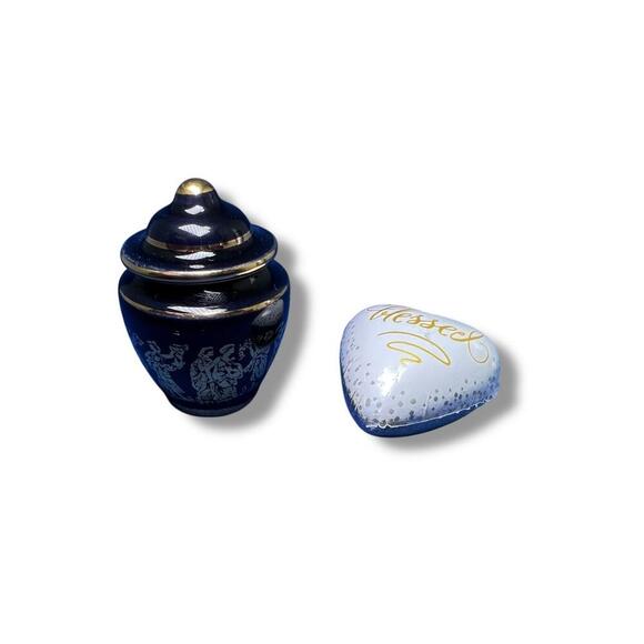 Mini Keepsake Urn & “Blessed” Heart Stone | Blue Gold Ceramic | Memorial Cremati - Picture 1 of 4